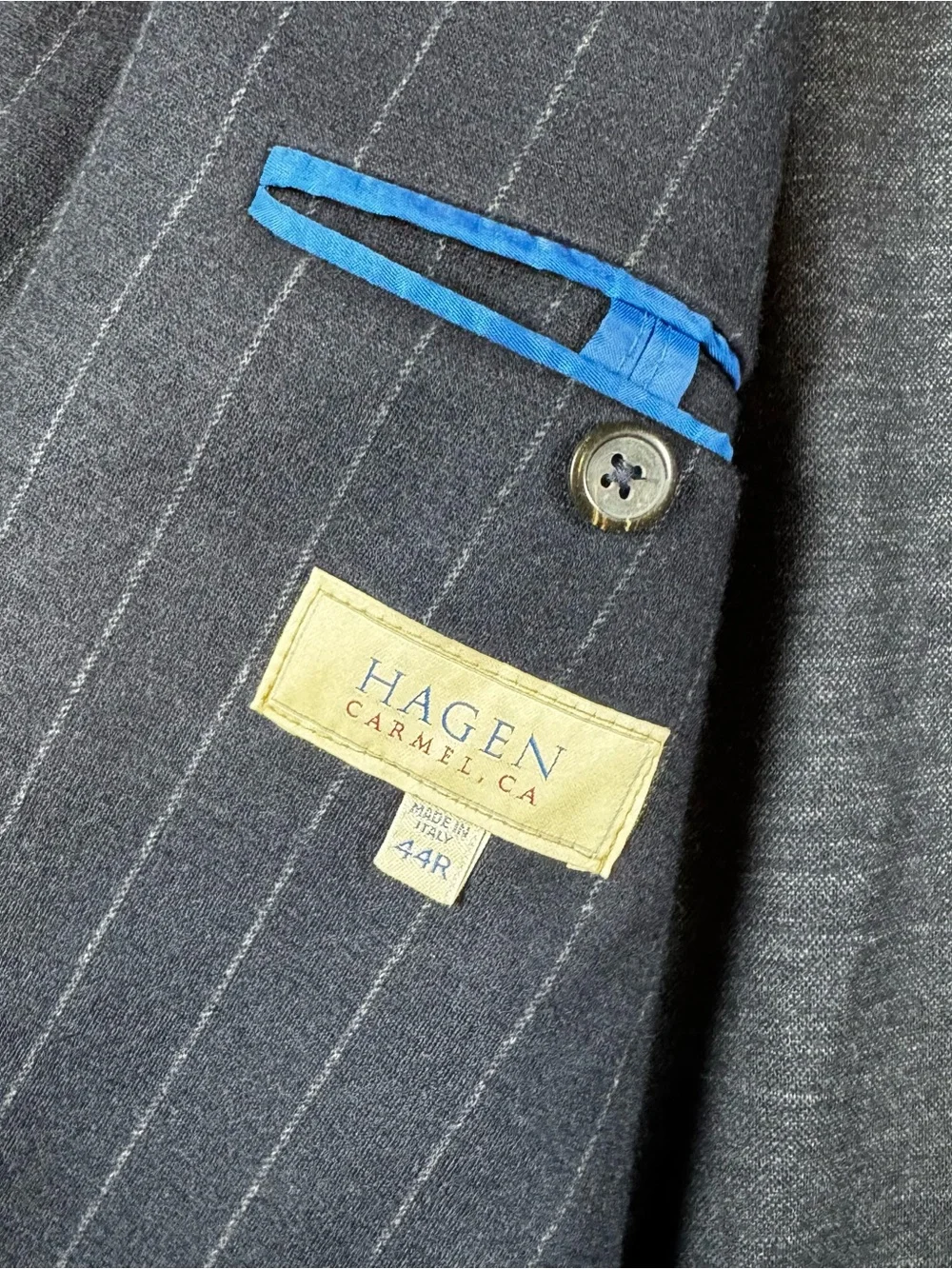 Hagen Carmel Men’s 44 Navy Chalkstripe Double Breasted Sport Coat Blazer Italian